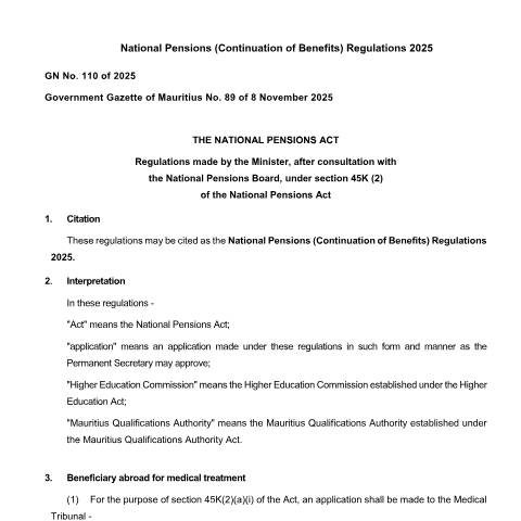 Document preview: no-110-national-pensions-continuation-benefits-regulations-2025 — Regulation / Order, Mauritius (CERFA n°no-110-national-pensions-continuation-benefits-regulations-2025)