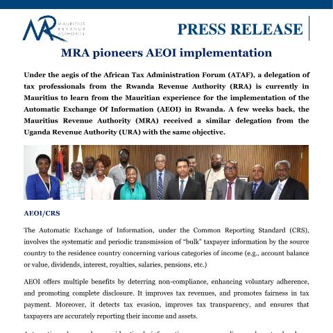 Document preview: MRA pioneers AEOI implementation (29.02.24) — Document, Mauritius (CERFA n°PressRelease290224)