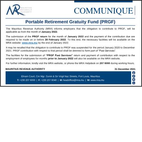 Document preview: Portable Retirement Gratuity Fund (PRGF) (31.12.21) — Notice / Circular, Mauritius (CERFA n°CommuniquePRGF2021)