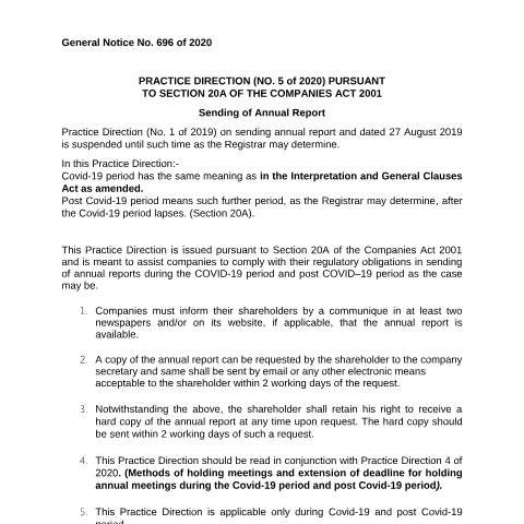 Document preview: PRACTICE DIRECTION NO 5 SENDING OF ANNUAL REPORT — Reference, Mauritius (CERFA n°PRACTICE-DIRECTION-NO-5-SENDING-OF-ANNUAL-REPORT)