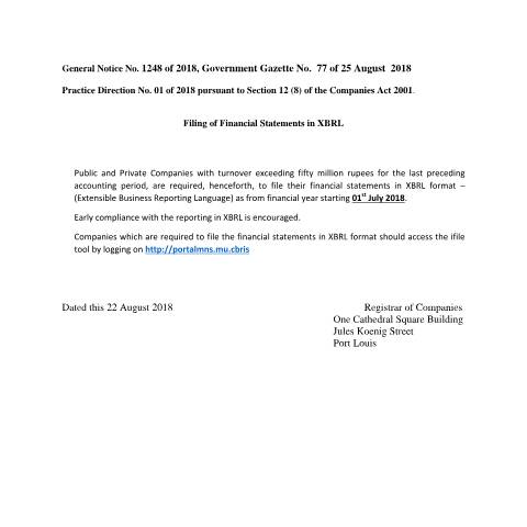 Document preview: PRACTICE DIRECTION XBRL — Reference, Mauritius (CERFA n°PRACTICE-DIRECTION-XBRL)