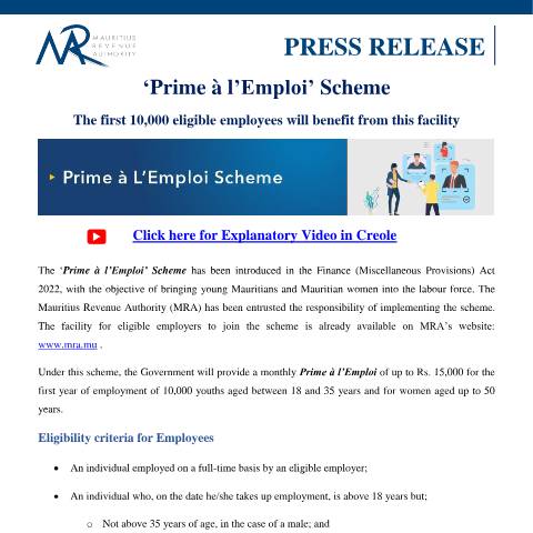 Document preview: ‘Prime à l’Emploi’ Scheme : The first 10,000 eligible employees will benefit from this facility — Document, Mauritius (CERFA n°PressReleasePrimeEmploi290922)