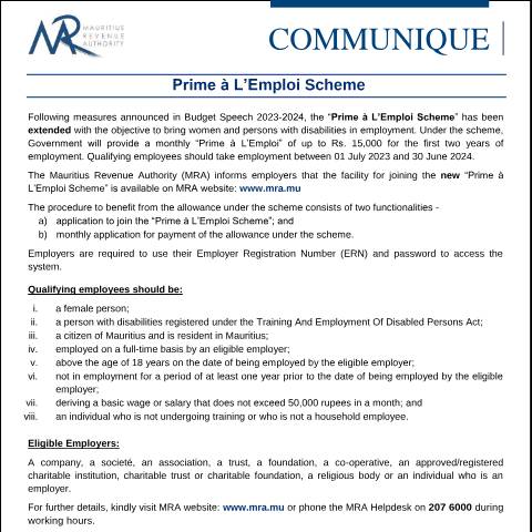 Document preview: Prime à L’Emploi Scheme (17.07.23) — Notice / Circular, Mauritius (CERFA n°Communique170723)