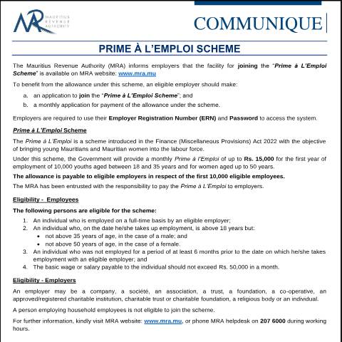 Document preview: Prime à L'Emploi Scheme (06.09.22) — Notice / Circular, Mauritius (CERFA n°CommuniquePrimeDemploi060922)