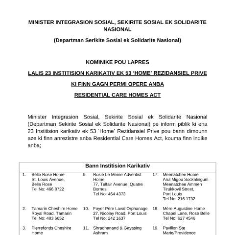 Document preview: LALIS 23 INSTITISION KARIKATIV EK 53 ‘HOME’ REZIDANSIEL PRIVE — Document, Mauritius (CERFA n°LALIS-23-INSTITISION-KARIKATIV-EK-53-‘HOME-REZIDANSIEL-PRIVE)