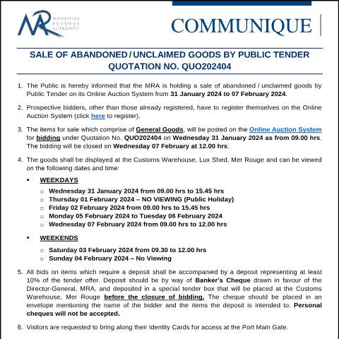 Document preview: Qu. 04 of 2024 (26.01.24) — Notice / Circular, Mauritius (CERFA n°CommuniqueQuo202404)