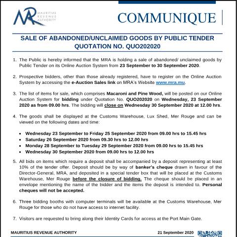 Document preview: Sale of Abandoned / Unclaimed Goods by Public Tender (21.09.20) — Form, Mauritius (CERFA n°CommuniqueQ202020)