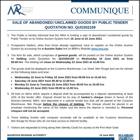Document preview: Sale of Abandoned / Unclaimed Goods by Public Tender (16.06.21) — Form, Mauritius (CERFA n°CommuniqueQUO202109)