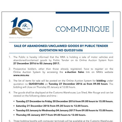 Document preview: Sale of Abandoned / Unclaimed Goods by Public Tender (23.12.16) — Form, Mauritius (CERFA n°EAuctionQuo201606)