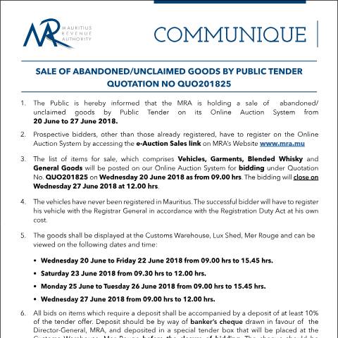 Document preview: Sale of Abandoned / Unclaimed Goods by Public Tender (20.06.18) — Form, Mauritius (CERFA n°CommuniqueQ25of2018)