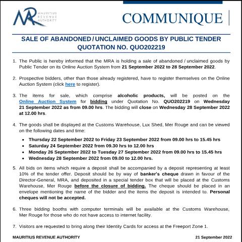 Document preview: Sale of Abandoned / Unclaimed Goods by Public Tender - Qu. 19 of 2022 (21.09.22) — Form, Mauritius (CERFA n°CommuniqueQuo202219)