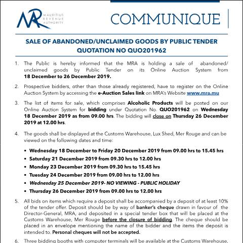 Document preview: Sale of Abandoned / Unclaimed Goods by Public Tender (18.12.19) — Form, Mauritius (CERFA n°Communique62of2019)