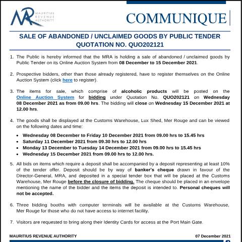 Document preview: Quotation 21 of 2021 — Notice / Circular, Mauritius (CERFA n°CommuniqueQUO202121)