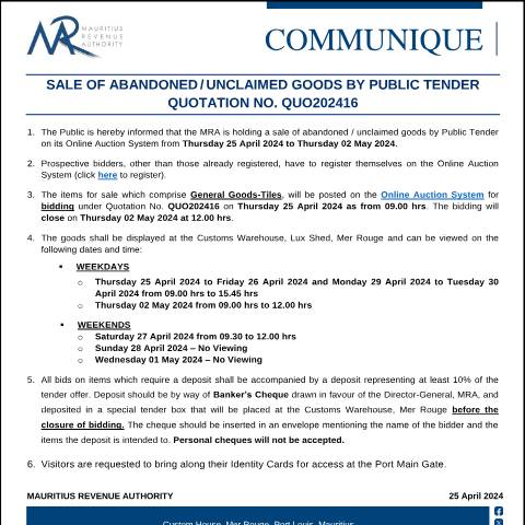 Document preview: Qu. 16 of 2024 (25.04.24) — Notice / Circular, Mauritius (CERFA n°CommuniqueQuo202416)
