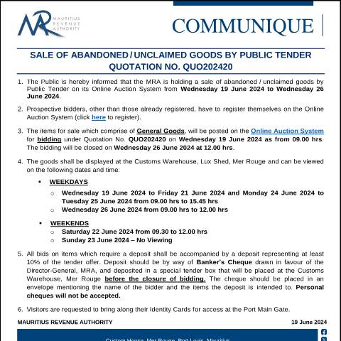 Document preview: Qu. 20 of 2024 (19.06.24) — Notice / Circular, Mauritius (CERFA n°CommuniqueQuo202420)