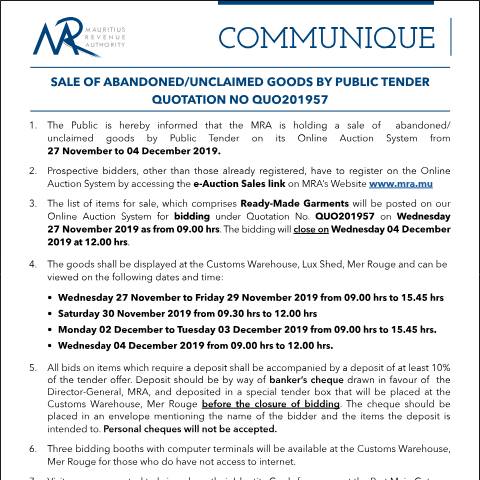 Document preview: Quotation 57 of 2019 — Notice / Circular, Mauritius (CERFA n°Communique57of2019)