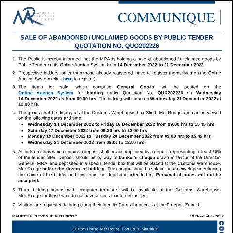 Document preview: Sale of Abandoned / Unclaimed Goods by Public Tender - Qu. 26 of 2022 (13.12.22) — Form, Mauritius (CERFA n°CommuniqueQuo202226)