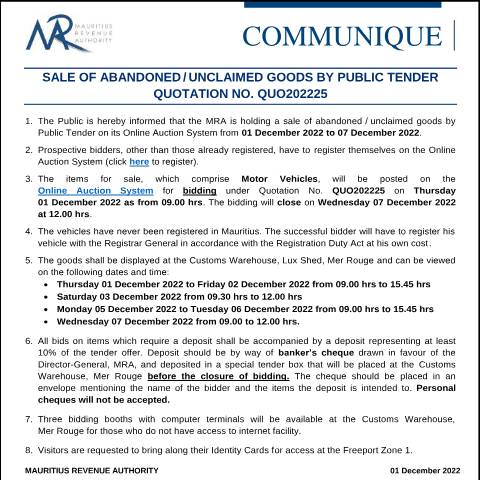 Document preview: Quotation 25 of 2022 (01.12.22) — Notice / Circular, Mauritius (CERFA n°CommuniqueQuo202225)