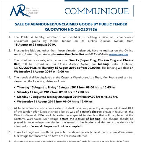 Document preview: Sale of Abandoned / Unclaimed Goods by Public Tender (15.08.19) — Form, Mauritius (CERFA n°Communique36of2019)
