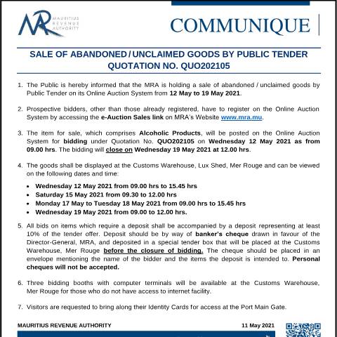 Document preview: Sale of Abandoned / Unclaimed Goods by Public Tender (11.05.21) — Form, Mauritius (CERFA n°CommuniqueQ202105)