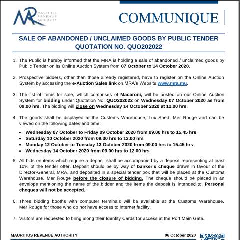 Document preview: Quotation 22 of 2020 — Notice / Circular, Mauritius (CERFA n°CommuniqueQ202022)