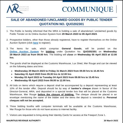 Document preview: Qu. 01 of 2023 (30.03.23) — Notice / Circular, Mauritius (CERFA n°CommuniqueQuo202301)