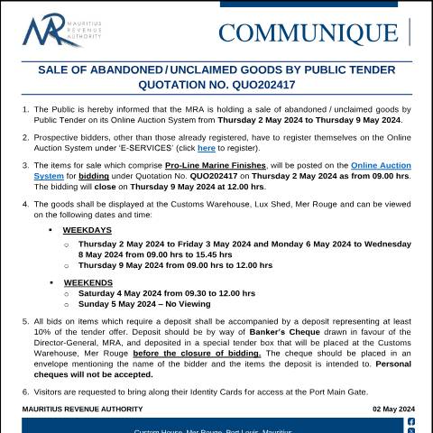 Document preview: Qu. 17 of 2024 (02.05.24) — Notice / Circular, Mauritius (CERFA n°CommuniqueQuo202417)