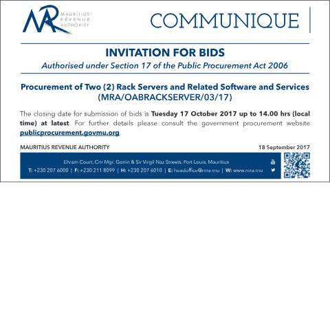Document preview: Procurement of Two (2) Rack Servers and Related Software and Services (18.09.17) — Document, Mauritius (CERFA n°RackServer)