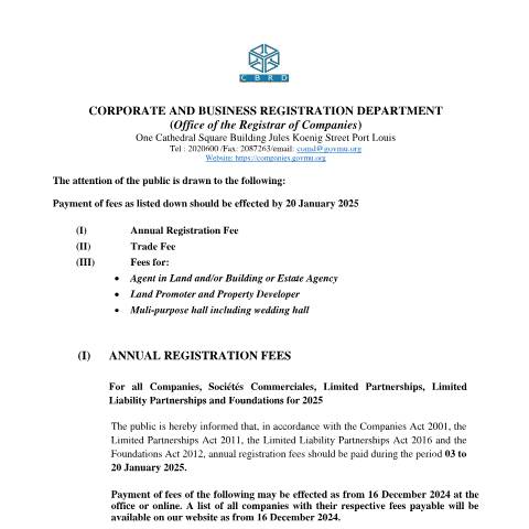 Document preview: Paymentof Registration Fees 2025 and Trade Fees 2024_2025 — Document, Mauritius (CERFA n°Paymentof-Registration-Fees-2025-and-Trade-Fees-2024_2025)