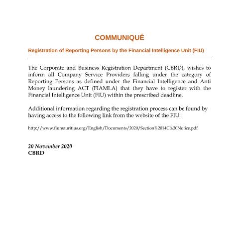 Document preview: Communique – Registration of reporting — Notice / Circular, Mauritius (CERFA n°Communique-Registration-of-reporting)