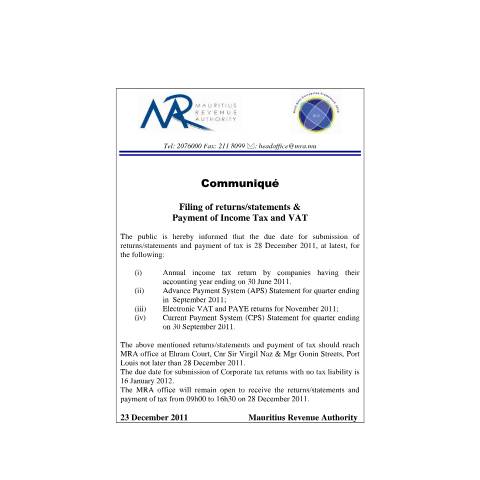 Document preview: Filing of Return / Statements &amp; Payment of Income Tax and VAT (23.12.2011) — Form, Mauritius (CERFA n°CommuniqueAnnualReturnSubmissionDec2011)