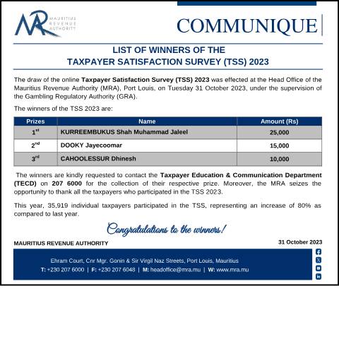 Document preview: List of winners of the Taxpayer Satisfaction Survey (TSS) 2023 (31.10.22) — Notice / Circular, Mauritius (CERFA n°CommuniqueTSSDraw2023)