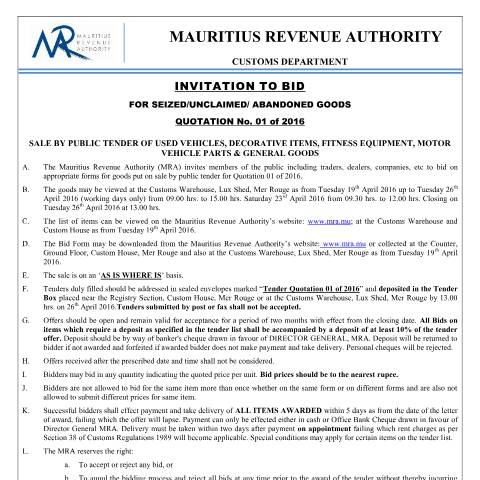 Document preview: Invitation to Bid : Quotation No. 1 of 2016 (14.04.16) — Document, Mauritius (CERFA n°InvitationTobid01of2016)