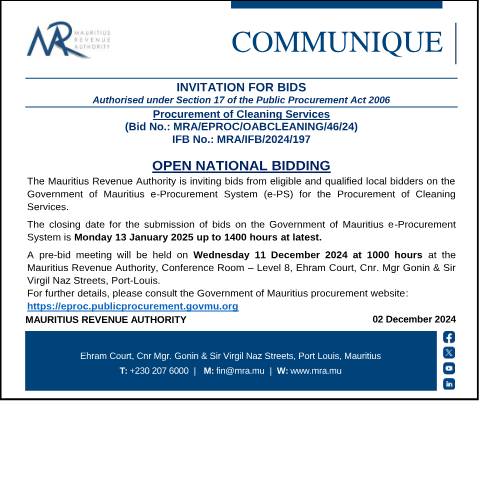 Document preview: Procurement of Cleaning Services (Bid No.: MRA/EPROC/OABCLEANING/46/24) (02.12.24) — Document, Mauritius (CERFA n°Bids021224)