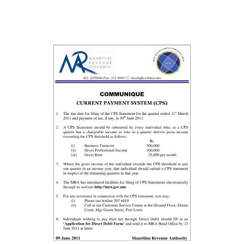 Document preview: CPS 2011 (09.06.2011) — Notice / Circular, Mauritius (CERFA n°CommuniqueCPSnew2011)