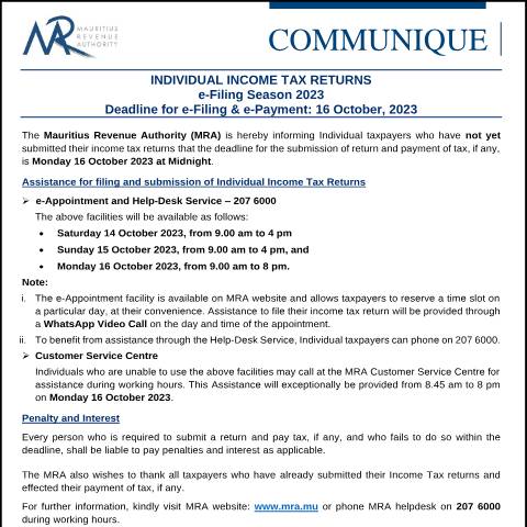 Document preview: Deadline for e-Filing &amp; e-Payment : 16 October, 2023 (11.10.23) — Document, Mauritius (CERFA n°PressReleaseFiling111023)