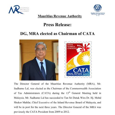 Document preview: DG, MRA elected as Chairman of CATA (25.11.15) — Document, Mauritius (CERFA n°MRAPressRelease-CATA251115)
