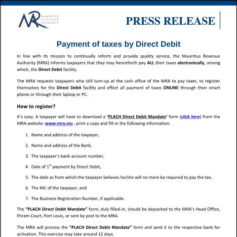 Document preview: Payment of taxes by Direct Debit (05.06.20) — Document, Mauritius (CERFA n°PressRelease050620)