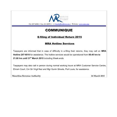 Document preview: Hotline Service (24.03.15) — Document, Mauritius (CERFA n°Hotline240315)