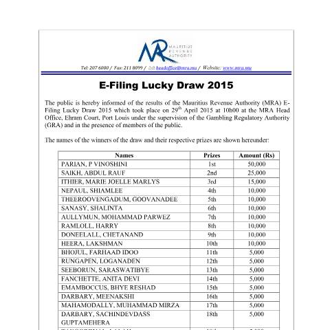 Document preview: Winners of the E-Filing Lucky Draw 2015 (29.04.15) — Document, Mauritius (CERFA n°EFilingDraw290415)