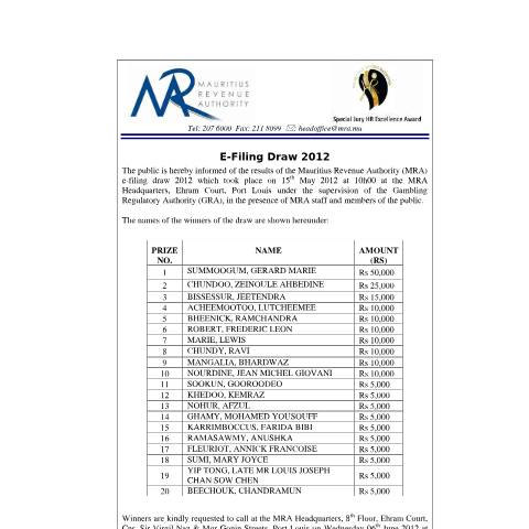 Document preview: Winners of the E Filing 2012 Draw (16.05.2012) — Notice / Circular, Mauritius (CERFA n°CommuniqueEfilingWinners2012)