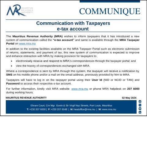 Document preview: Communication with Taxpayers : e-tax account (02.05.24) — Notice / Circular, Mauritius (CERFA n°Communique020524)