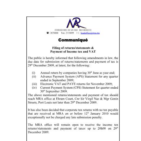 Document preview: Filing of Returns / Statements &amp; Payment of Income Tax and VAT (21.12.2009) — Form, Mauritius (CERFA n°CommuniqueAnnualReturn141209)
