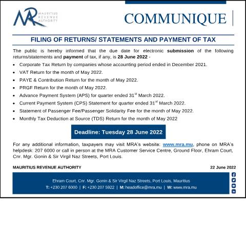 Document preview: Filing of Returns / Statements and Payment of Tax (22.06.22) — Form, Mauritius (CERFA n°Communique220622)