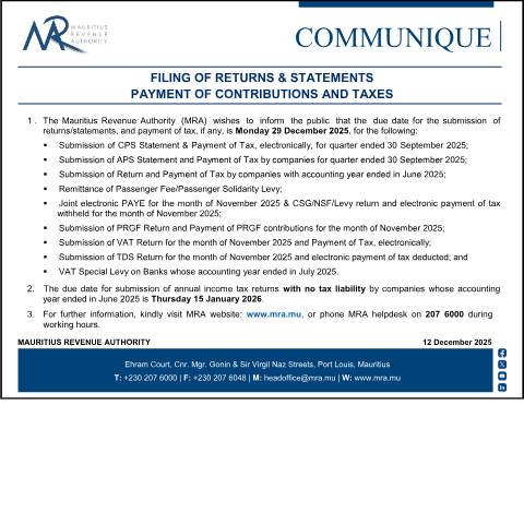 Document preview: Filing of Returns &amp; Statements Payment of Contributions and Taxes (12.12.25) — Form, Mauritius (CERFA n°CommuniqueFiling121225)