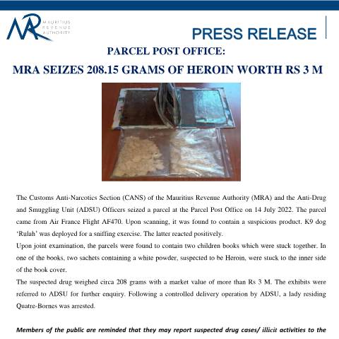 Document preview: Parcel Post Office: MRA seizes 208.15 grams of heroin worth Rs 3 M (16.09.22) — Document, Mauritius (CERFA n°PressRelease160922)