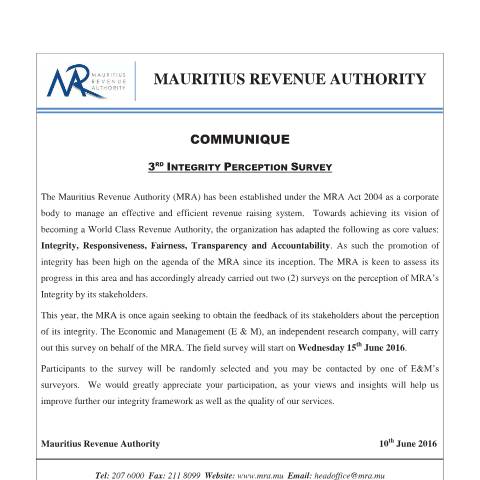 Document preview: 3rd Integrity Perception Survey (10.06.16) — Document, Mauritius (CERFA n°IntegrityPerceptionSurvey100616)