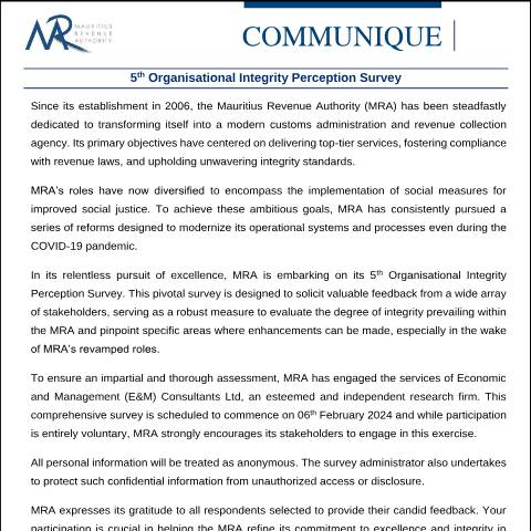 Document preview: 5th Organisational Integrity Perception Survey (02.02.24) — Notice / Circular, Mauritius (CERFA n°CommuniqueIntSurvey020224)