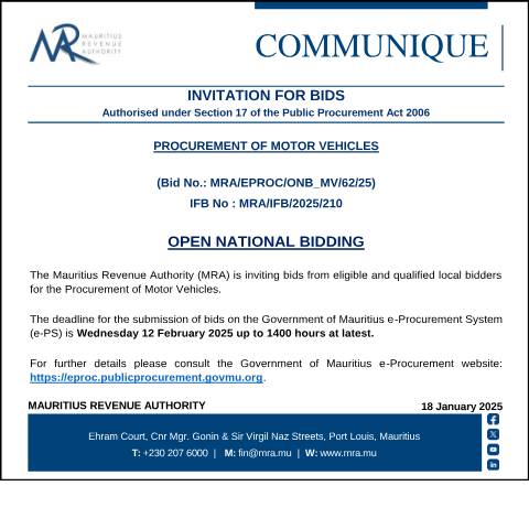Document preview: Procurement of Motor Vehicles (Bid No.: MRA/EPROC/ONB_MV/62/25) (18.01.25) — Document, Mauritius (CERFA n°BidsMV180125)
