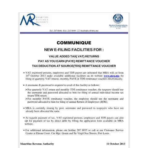 Document preview: New E-Filing Facilities (11.10.2013) — Notice / Circular, Mauritius (CERFA n°eservicesCommunique)